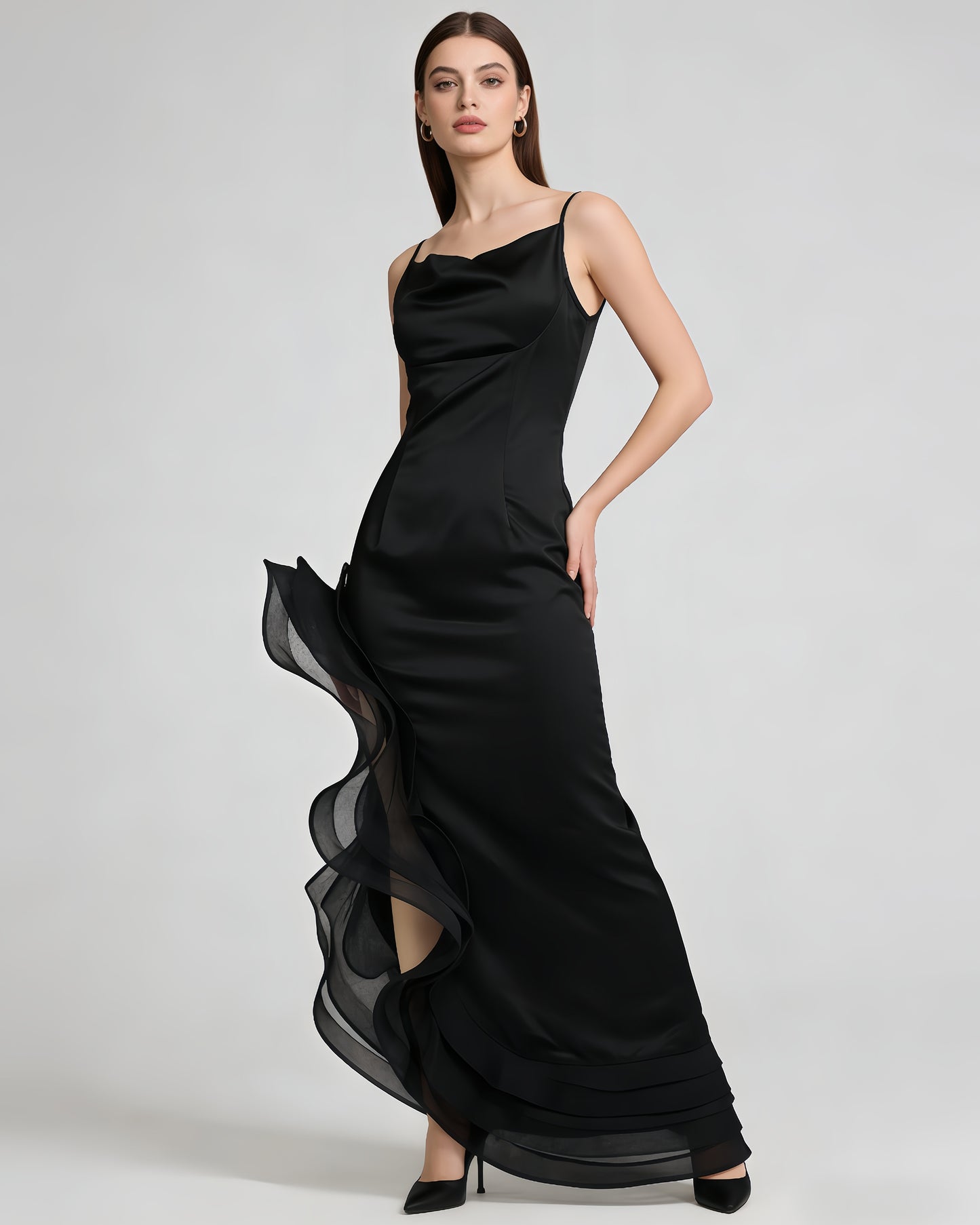 Black Satin Spaghetti Strap Ruffle Slit Maxi Dress