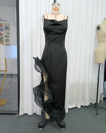 Black Satin Spaghetti Strap Ruffle Slit Maxi Dress