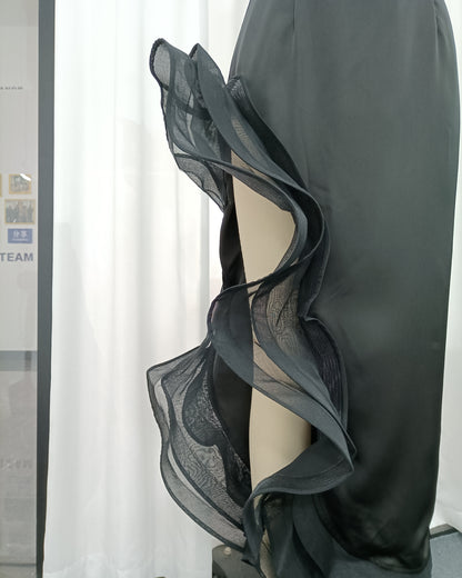 Black Satin Spaghetti Strap Ruffle Slit Maxi Dress