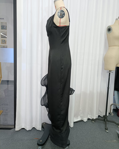 Black Satin Spaghetti Strap Ruffle Slit Maxi Dress