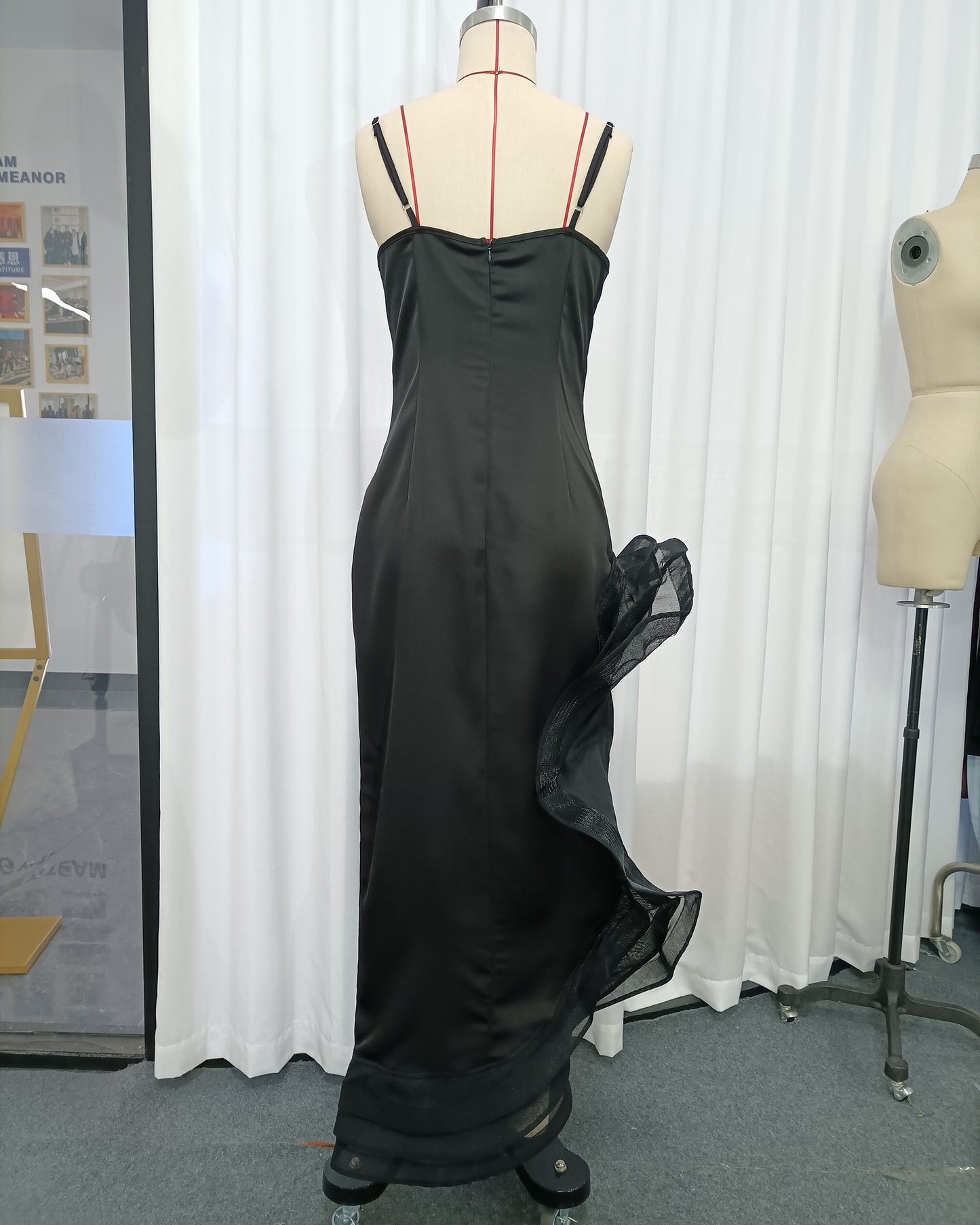 Black Satin Spaghetti Strap Ruffle Slit Maxi Dress