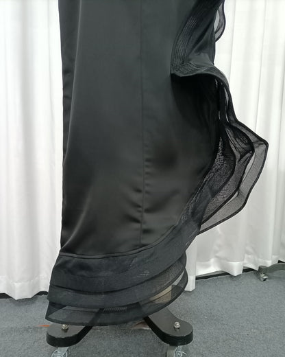 Black Satin Spaghetti Strap Ruffle Slit Maxi Dress