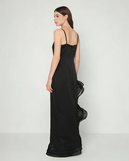 Black Satin Spaghetti Strap Ruffle Slit Maxi Dress