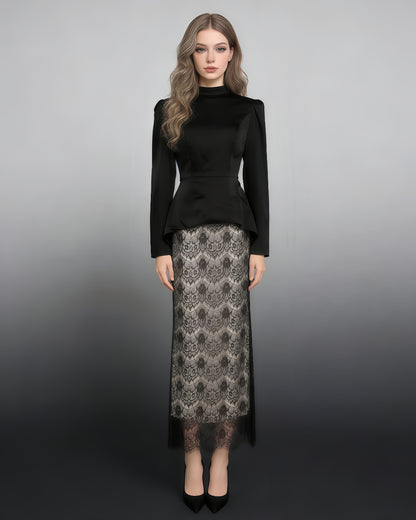 Black Satin Top & Lace Skirt Two-Piece Set