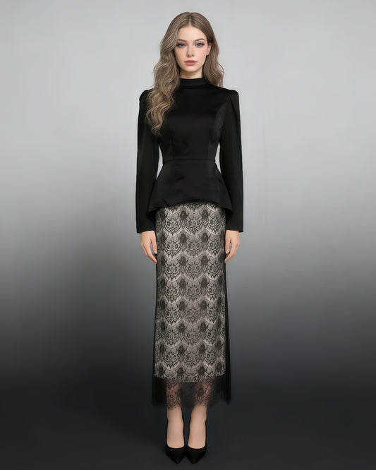 Black Satin Top & Lace Skirt Two-Piece Set