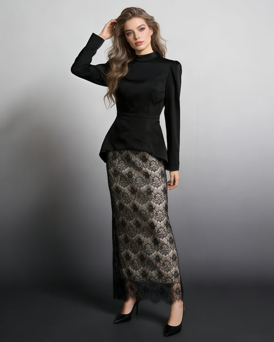 Black Satin Top & Lace Skirt Two-Piece Set