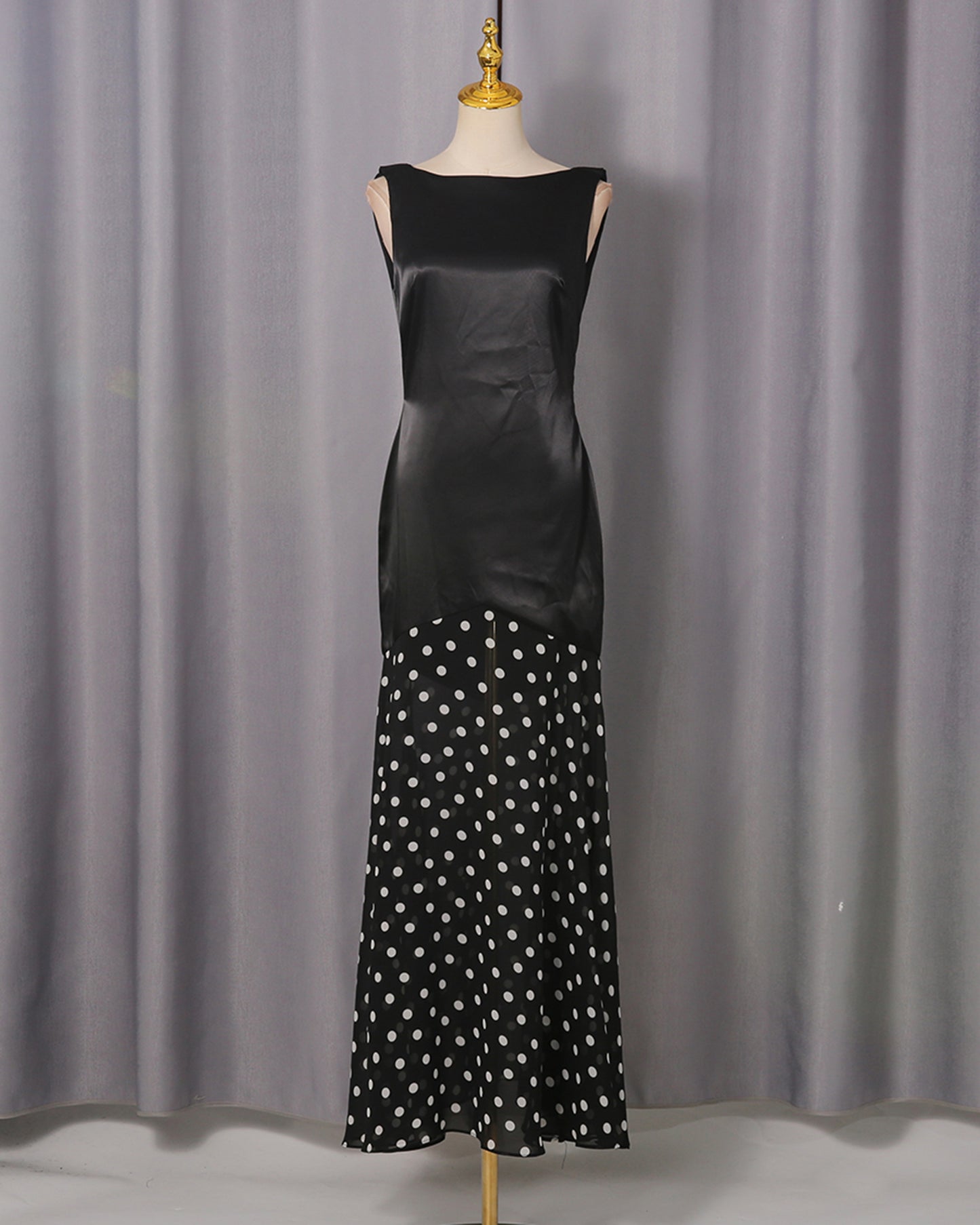 Black Satin & Polka Dot Maxi Dress