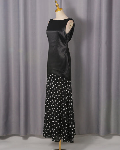 Black Satin & Polka Dot Maxi Dress