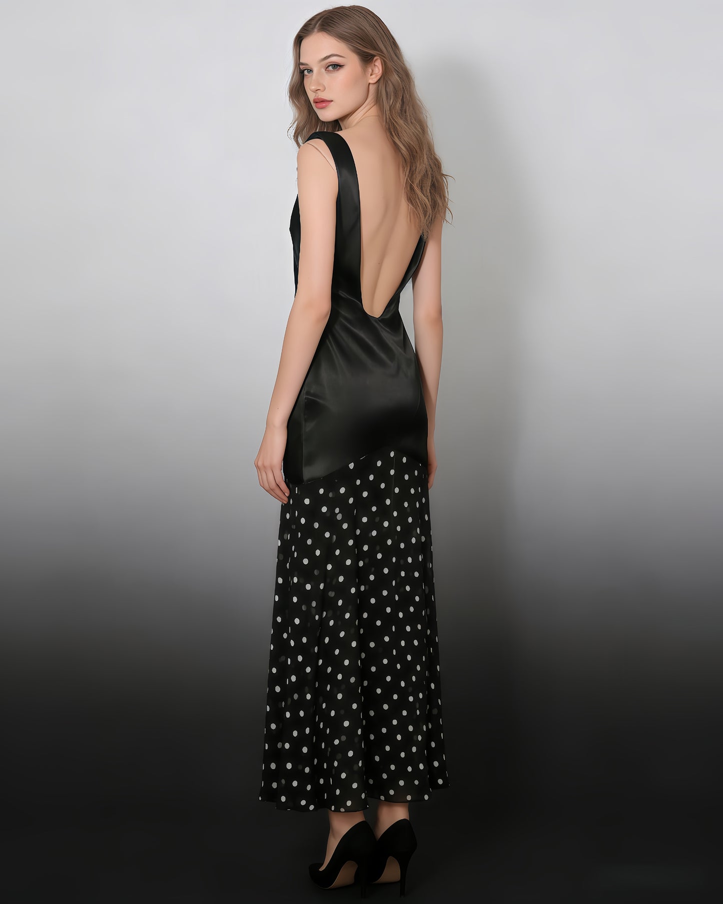 Black Satin & Polka Dot Maxi Dress