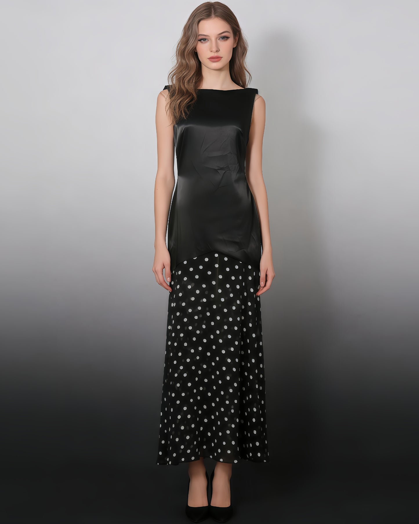 Black Satin & Polka Dot Maxi Dress