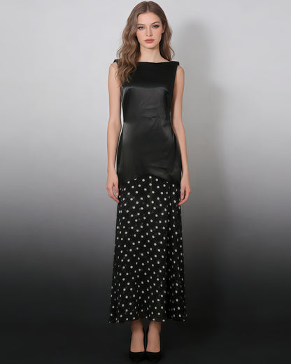 Black Satin & Polka Dot Maxi Dress