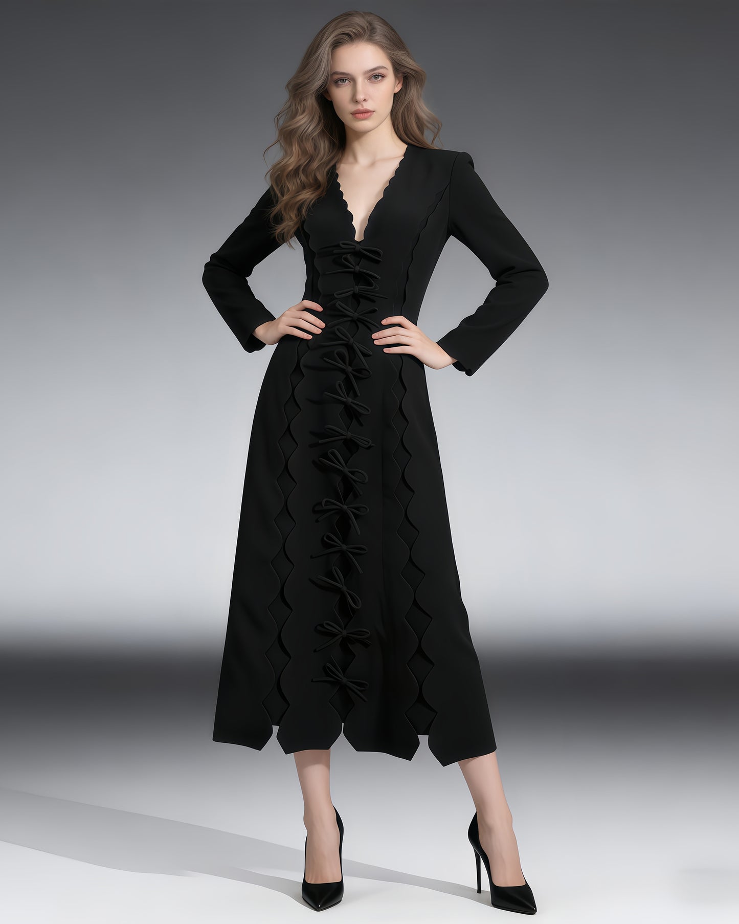 Black Scalloped Bow Midi Dress