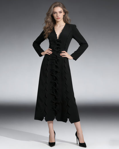 Black Scalloped Bow Midi Dress