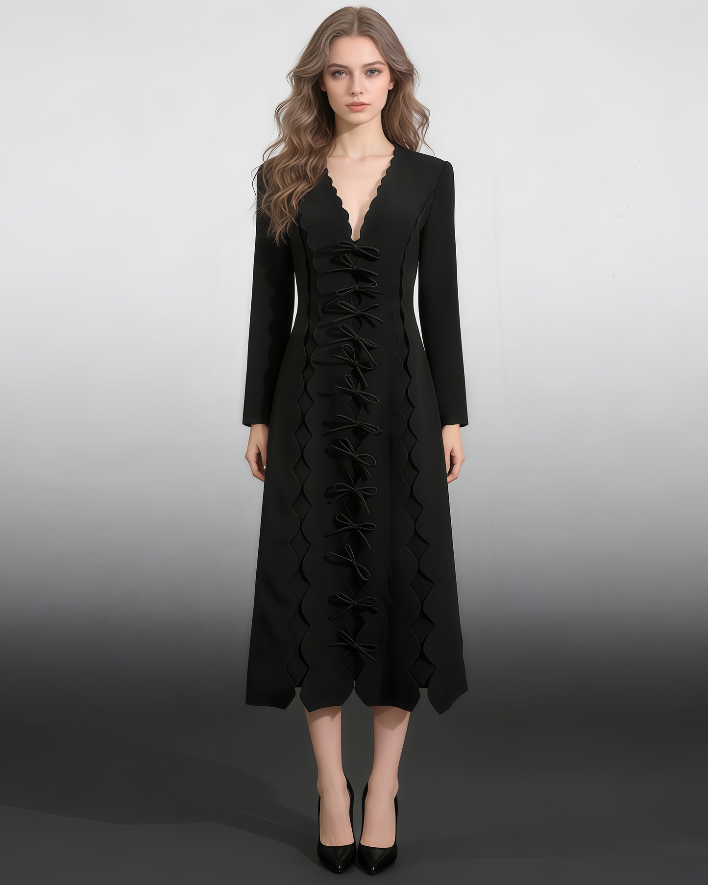 Black Scalloped Bow Midi Dress