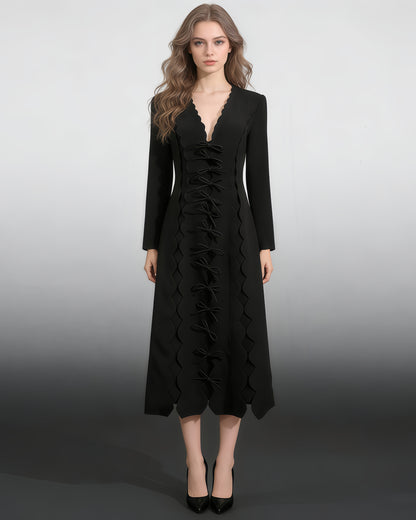 Black Scalloped Bow Midi Dress