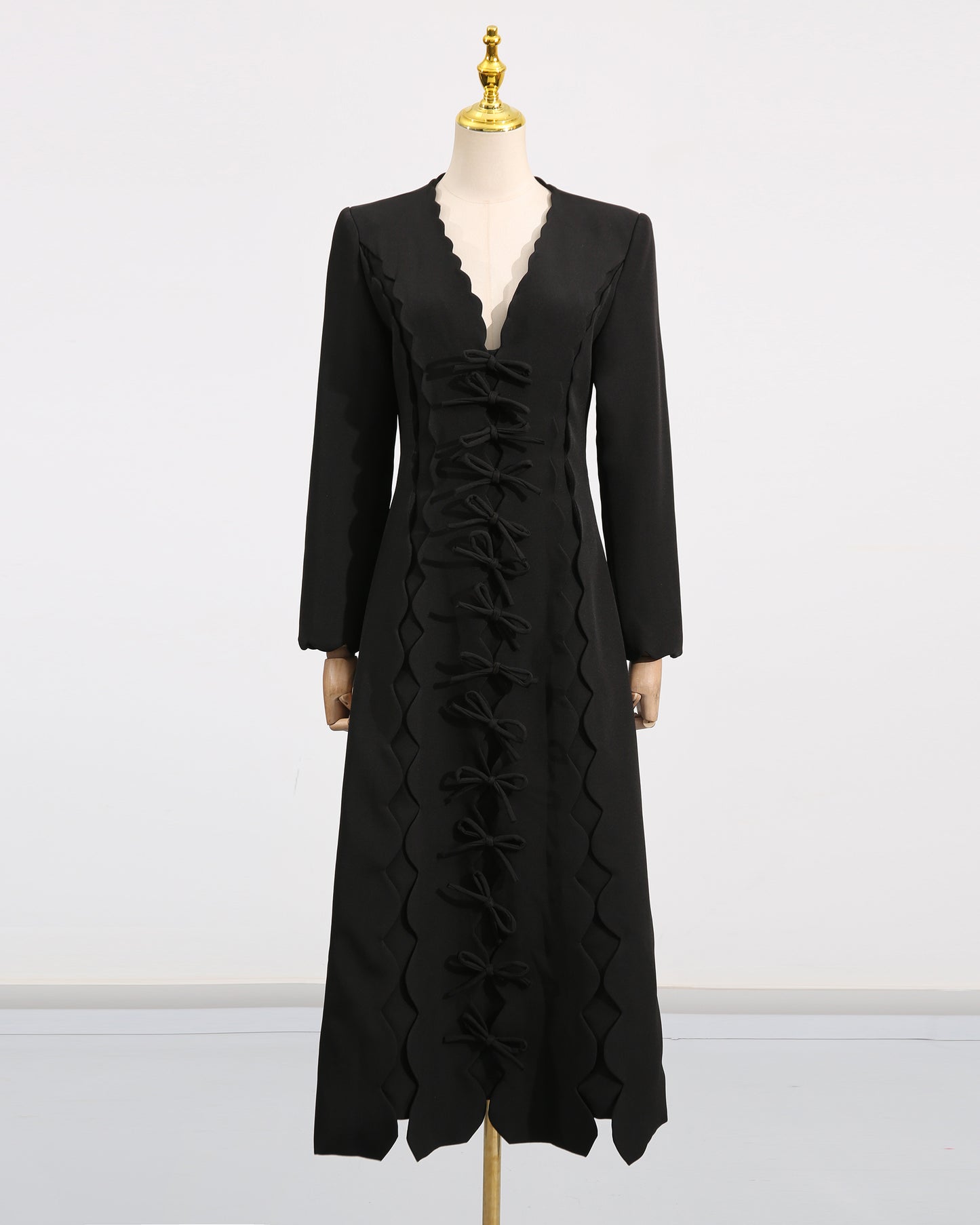 Black Scalloped Bow Midi Dress