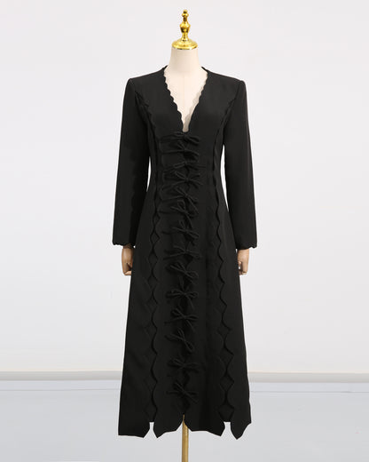 Black Scalloped Bow Midi Dress