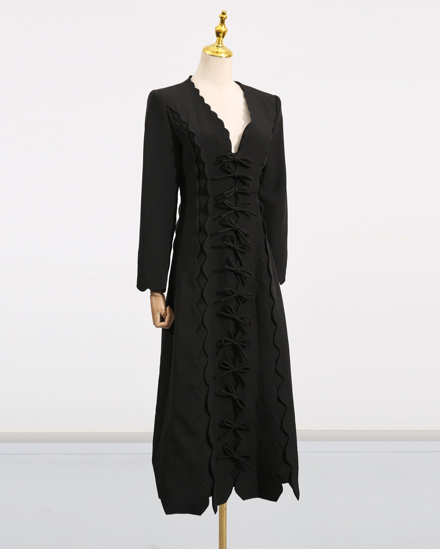 Black Scalloped Bow Midi Dress