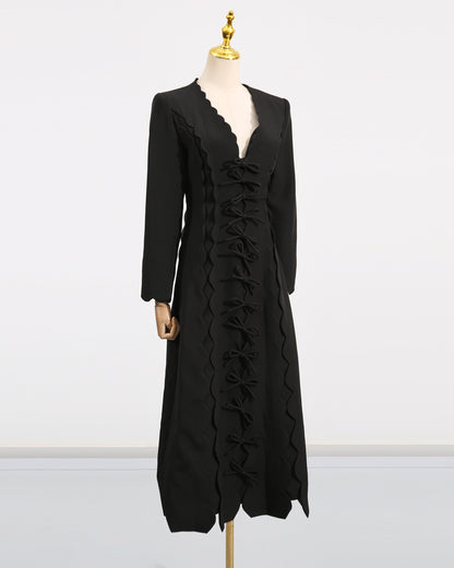 Black Scalloped Bow Midi Dress