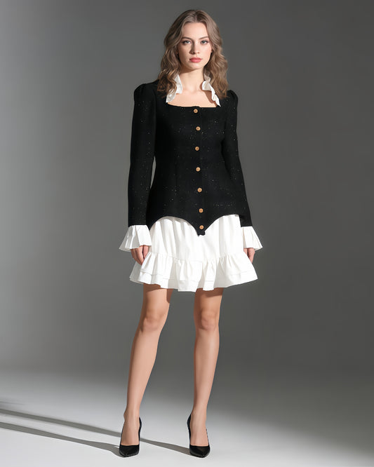 Black Sequin Blazer & White Ruffle Dress Set