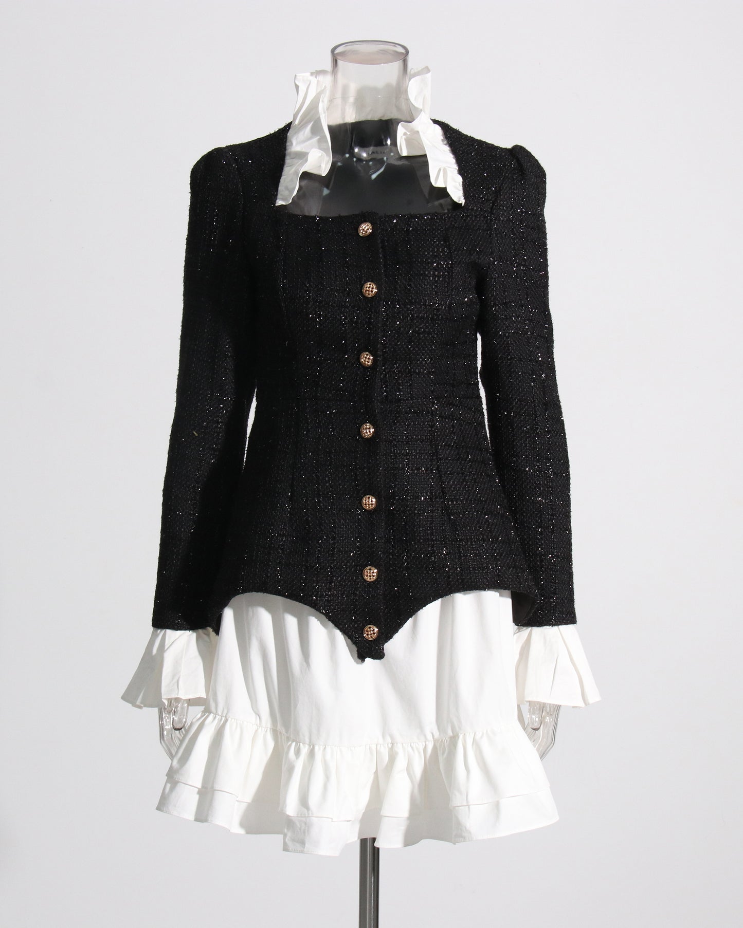 Black Sequin Blazer & White Ruffle Dress Set