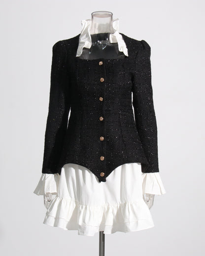 Black Sequin Blazer & White Ruffle Dress Set