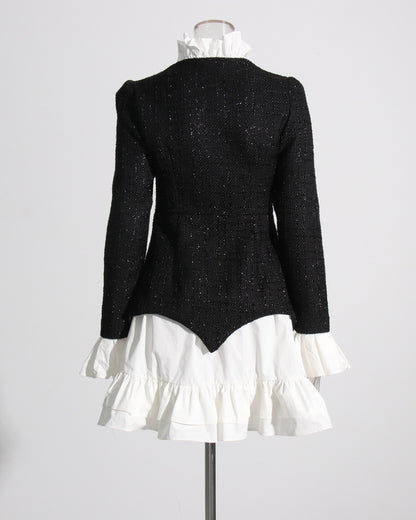 Black Sequin Blazer & White Ruffle Dress Set