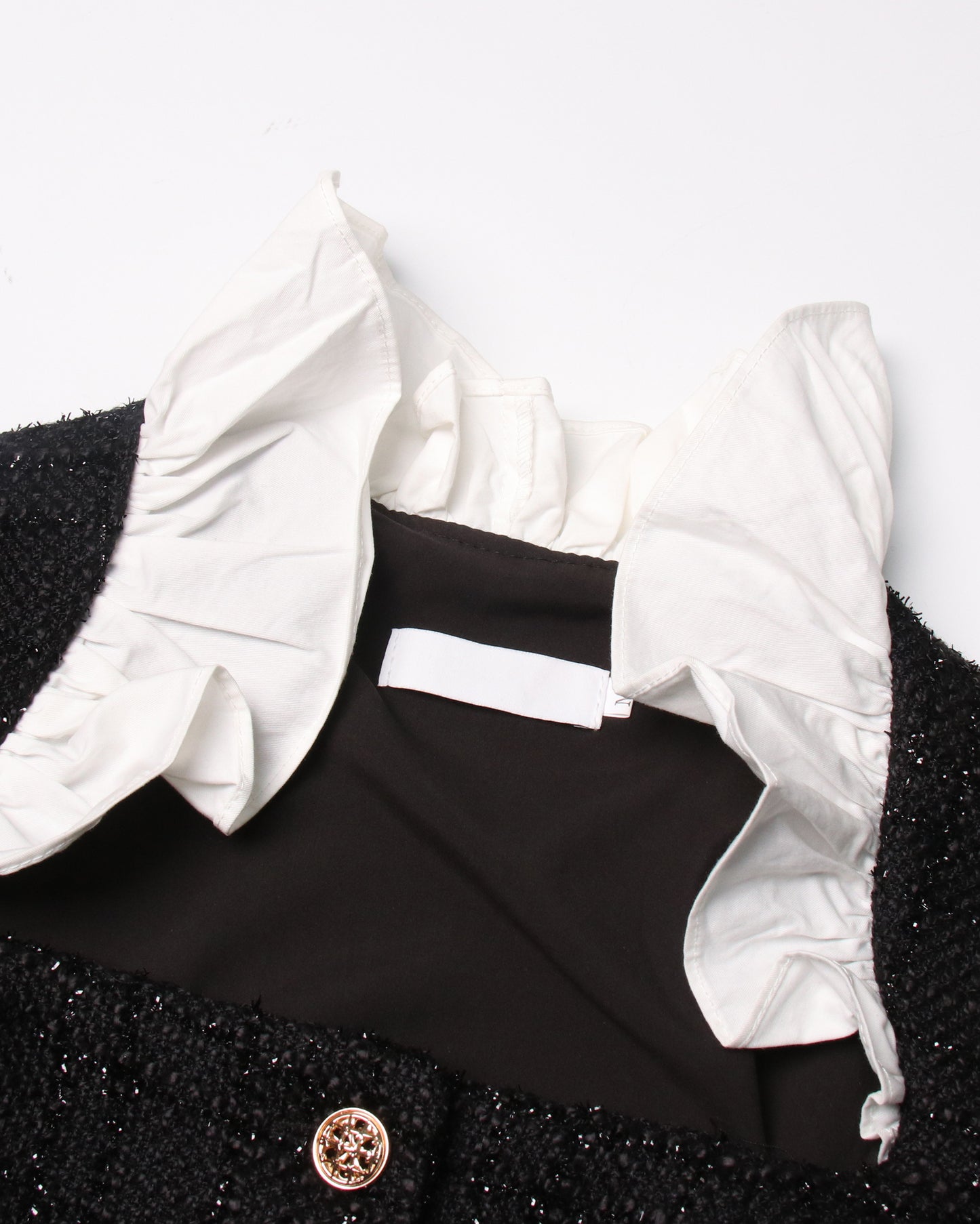 Black Sequin Blazer & White Ruffle Dress Set
