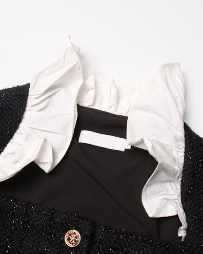 Black Sequin Blazer & White Ruffle Dress Set