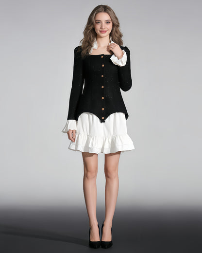 Black Sequin Blazer & White Ruffle Dress Set