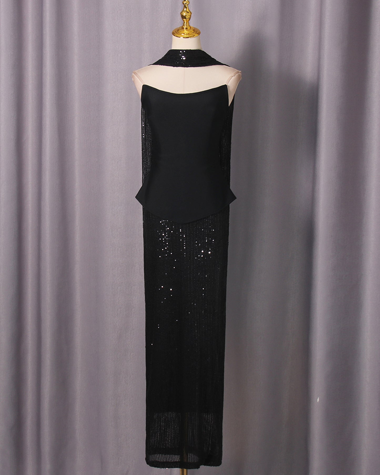 Black Sequin Halter Fitted Maxi Dress Set