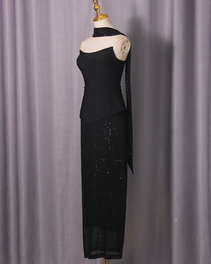Black Sequin Halter Fitted Maxi Dress Set