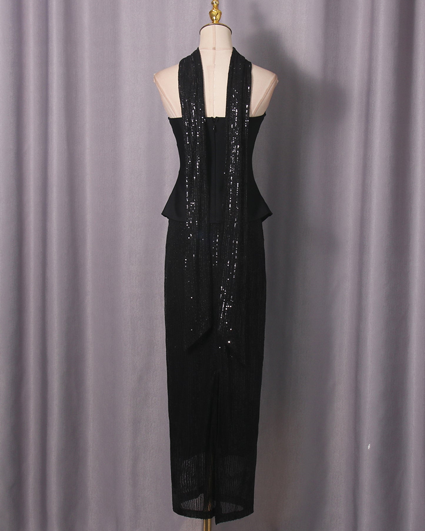 Black Sequin Halter Fitted Maxi Dress Set