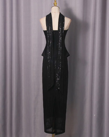 Black Sequin Halter Fitted Maxi Dress Set