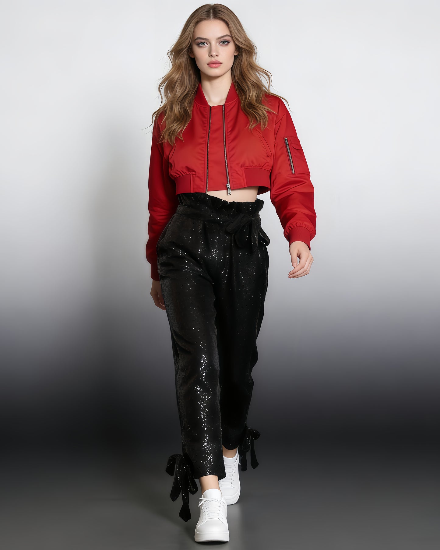 Black Sequin High-Waisted Tie-Cuff Pants