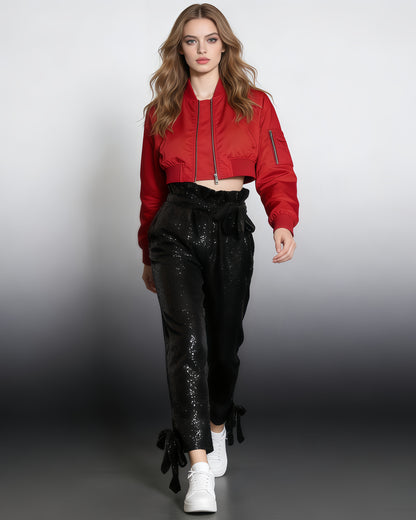 Black Sequin High-Waisted Tie-Cuff Pants