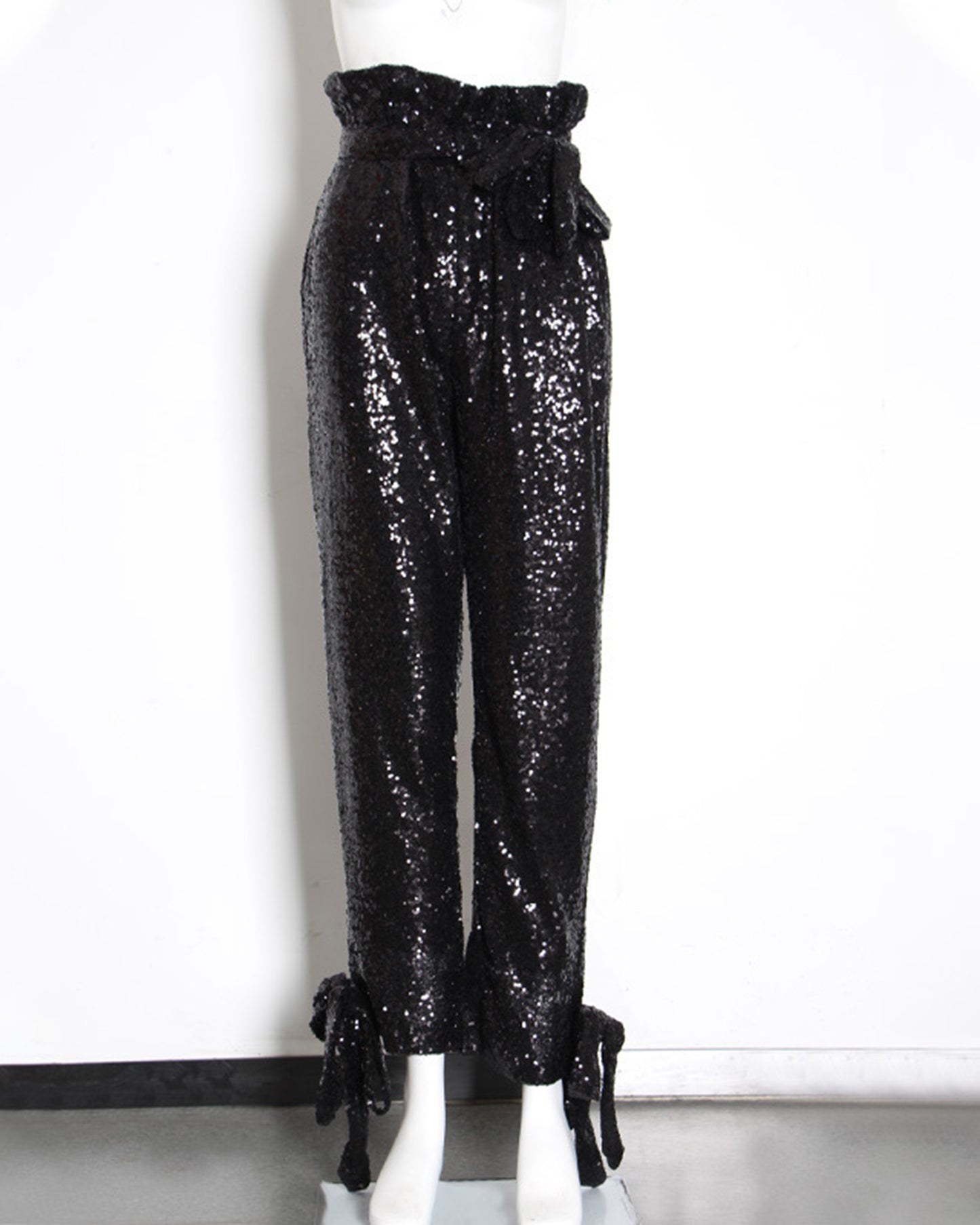 Black Sequin High-Waisted Tie-Cuff Pants