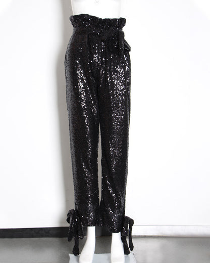 Black Sequin High-Waisted Tie-Cuff Pants
