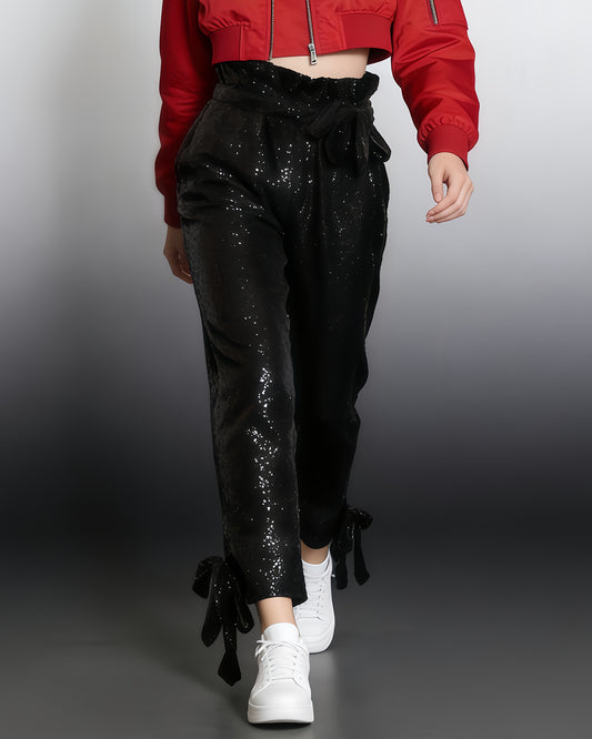 Black Sequin High-Waisted Tie-Cuff Pants