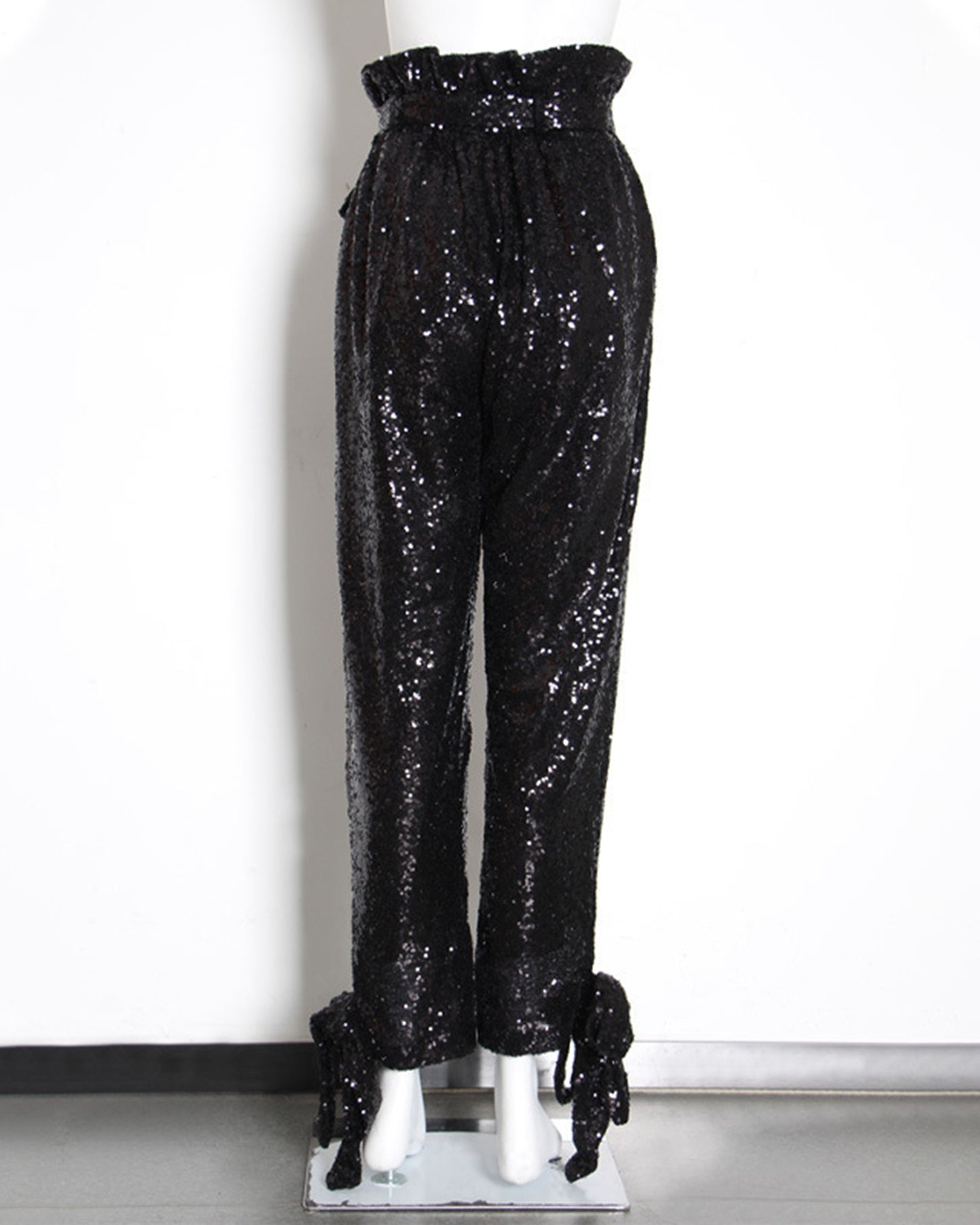 Black Sequin High-Waisted Tie-Cuff Pants