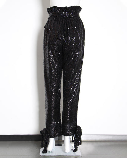 Black Sequin High-Waisted Tie-Cuff Pants