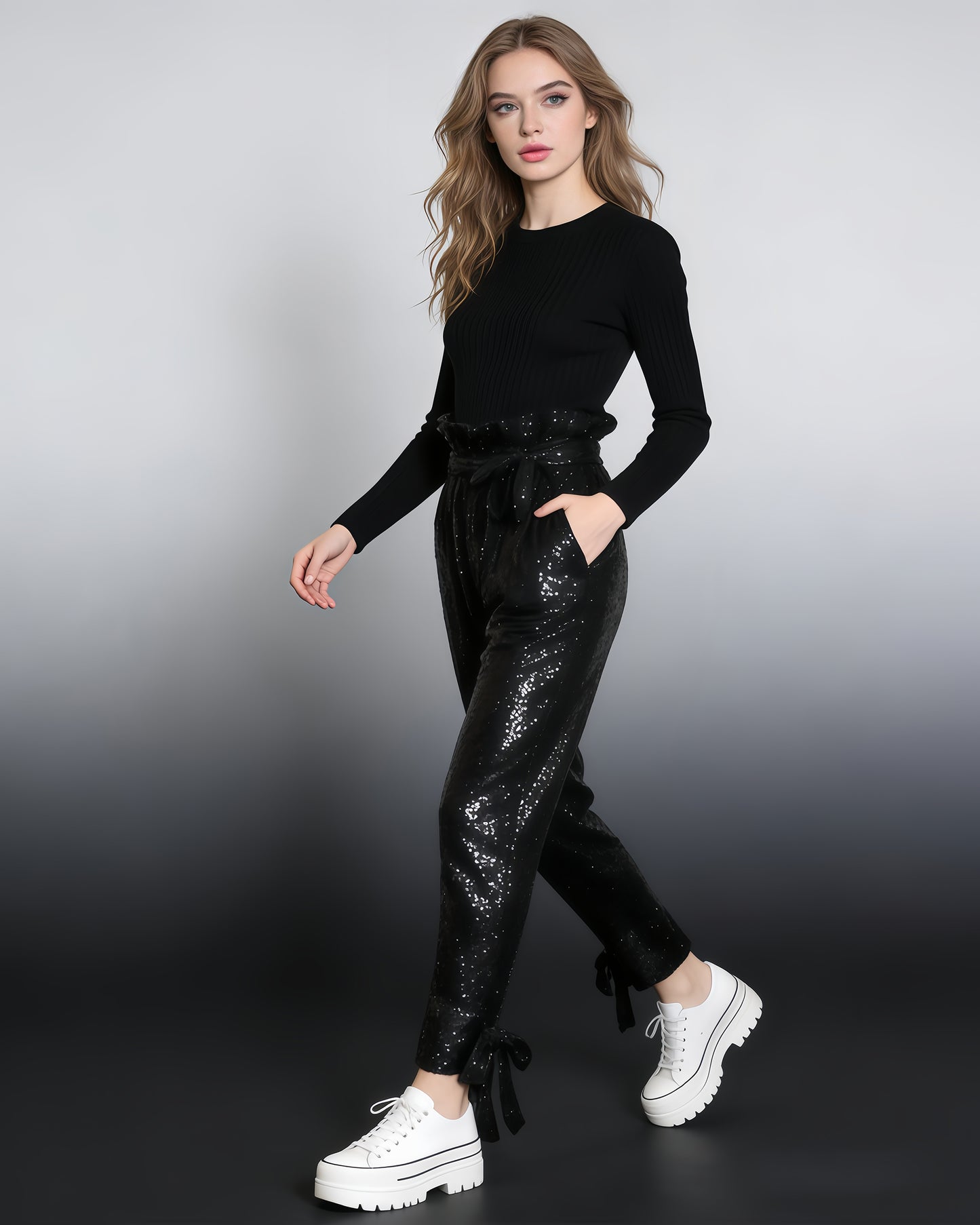 Black Sequin High-Waisted Tie-Cuff Pants