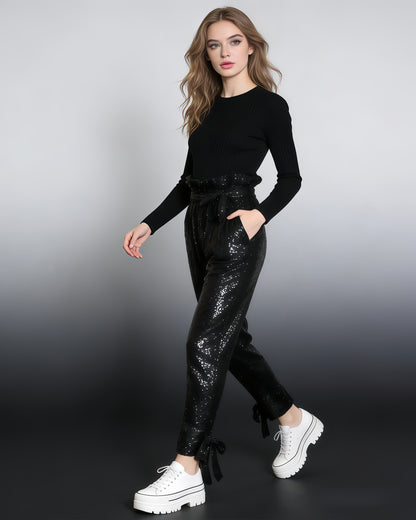 Black Sequin High-Waisted Tie-Cuff Pants