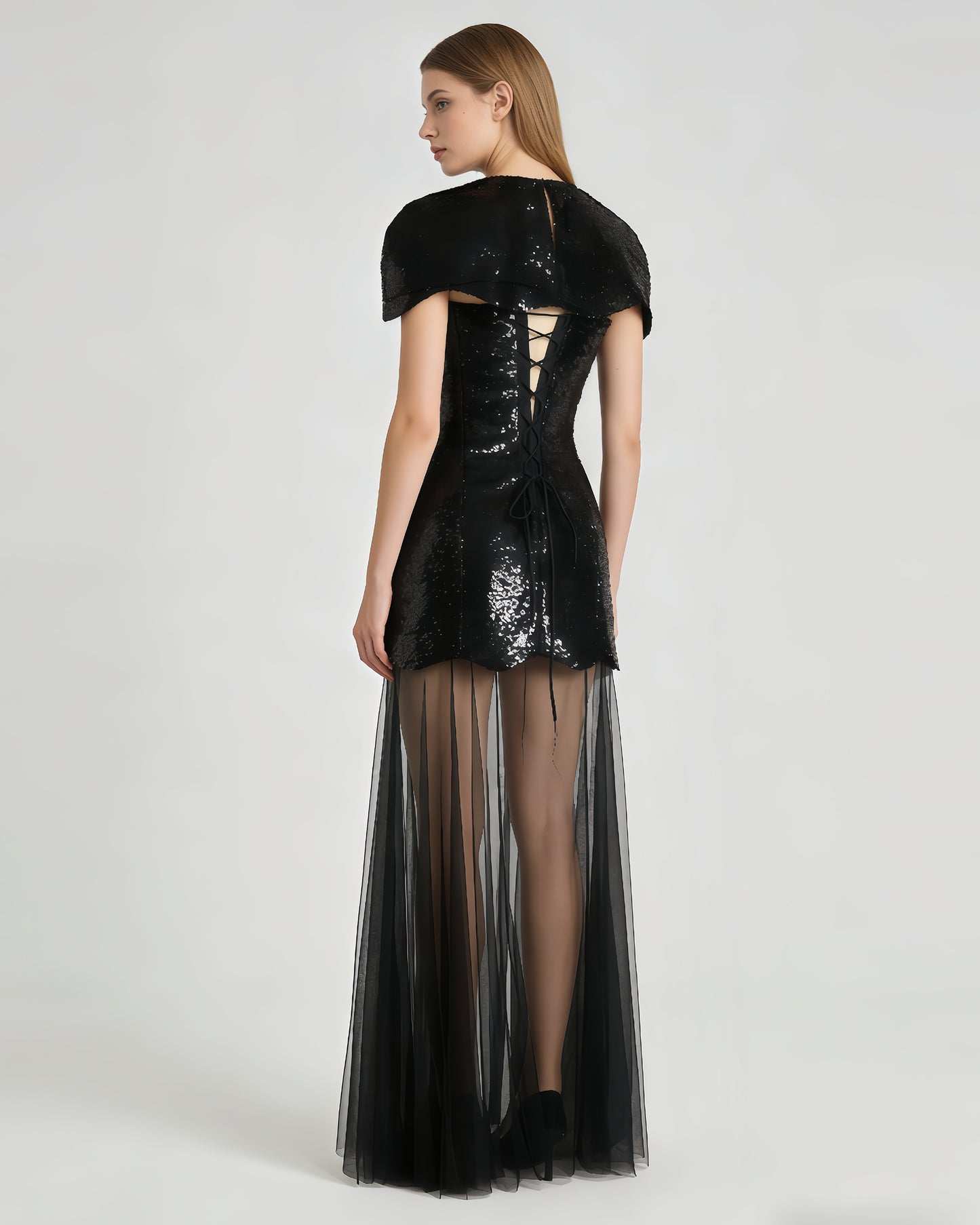 Black Sequin Mesh Overlay Maxi Dress
