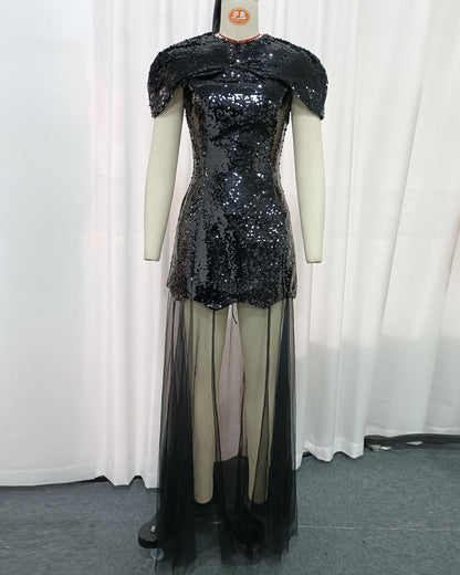 Black Sequin Mesh Overlay Maxi Dress