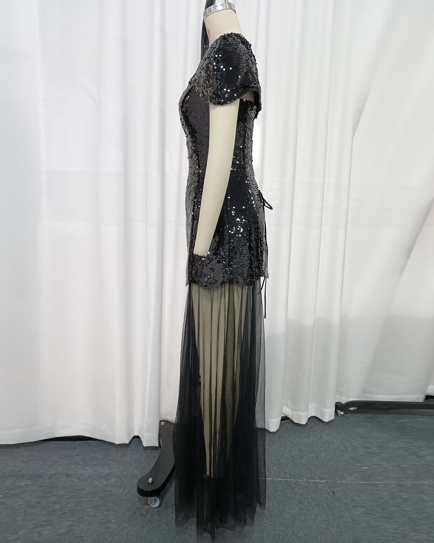 Black Sequin Mesh Overlay Maxi Dress