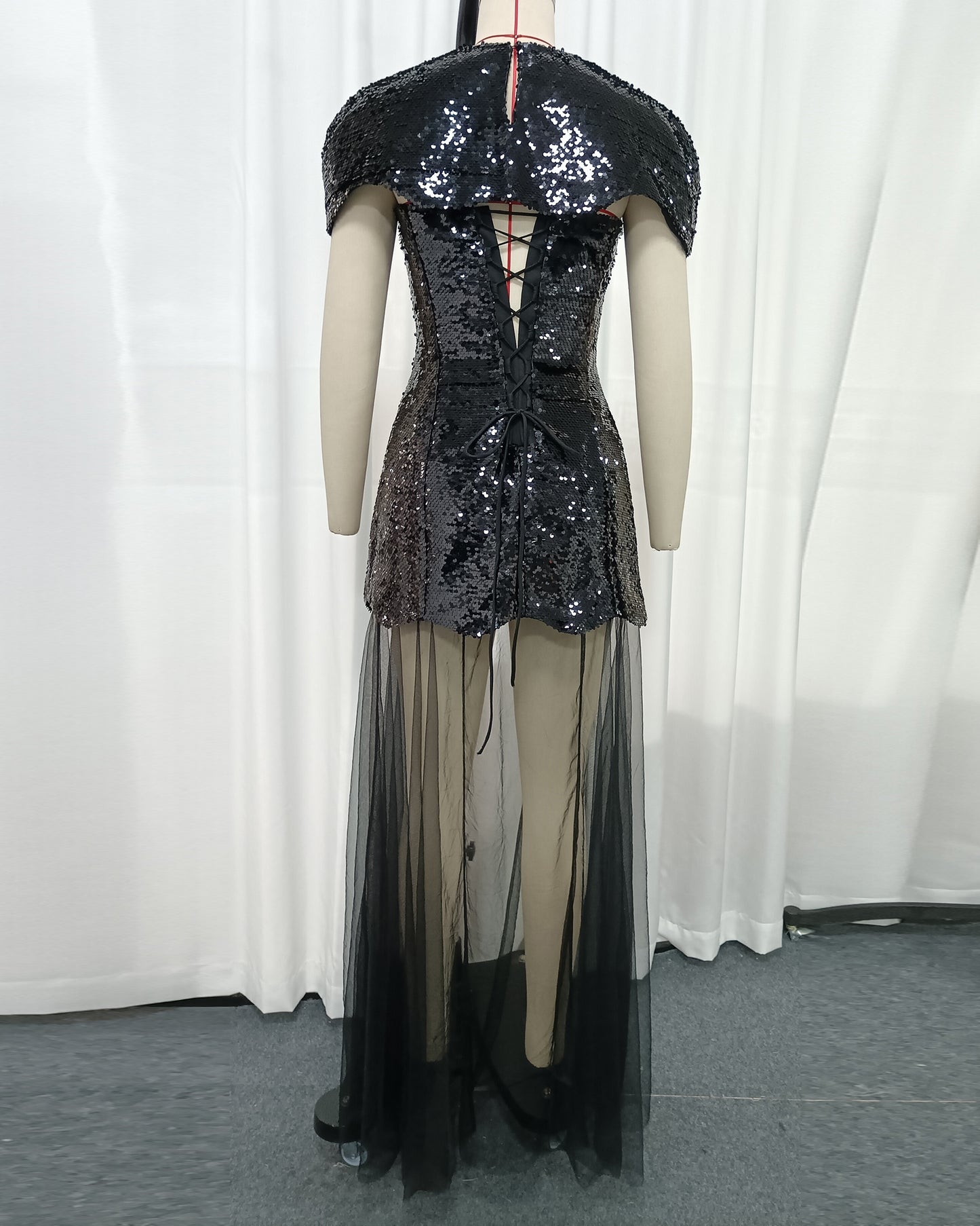 Black Sequin Mesh Overlay Maxi Dress