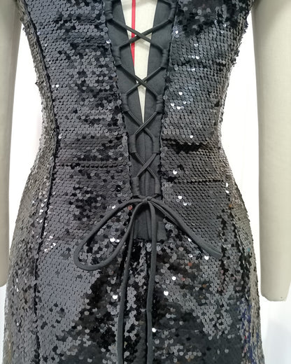 Black Sequin Mesh Overlay Maxi Dress