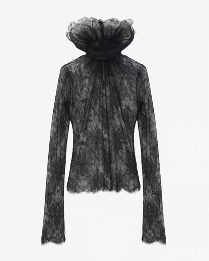 Black Sheer Lace Top with Tulle Neck Ruffle