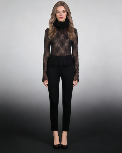 Black Sheer Lace Top with Tulle Neck Ruffle